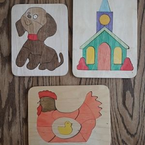 Set of 3 Vintage Wooden Puzzles Church House Chicken Egg Game Toy School Nursery